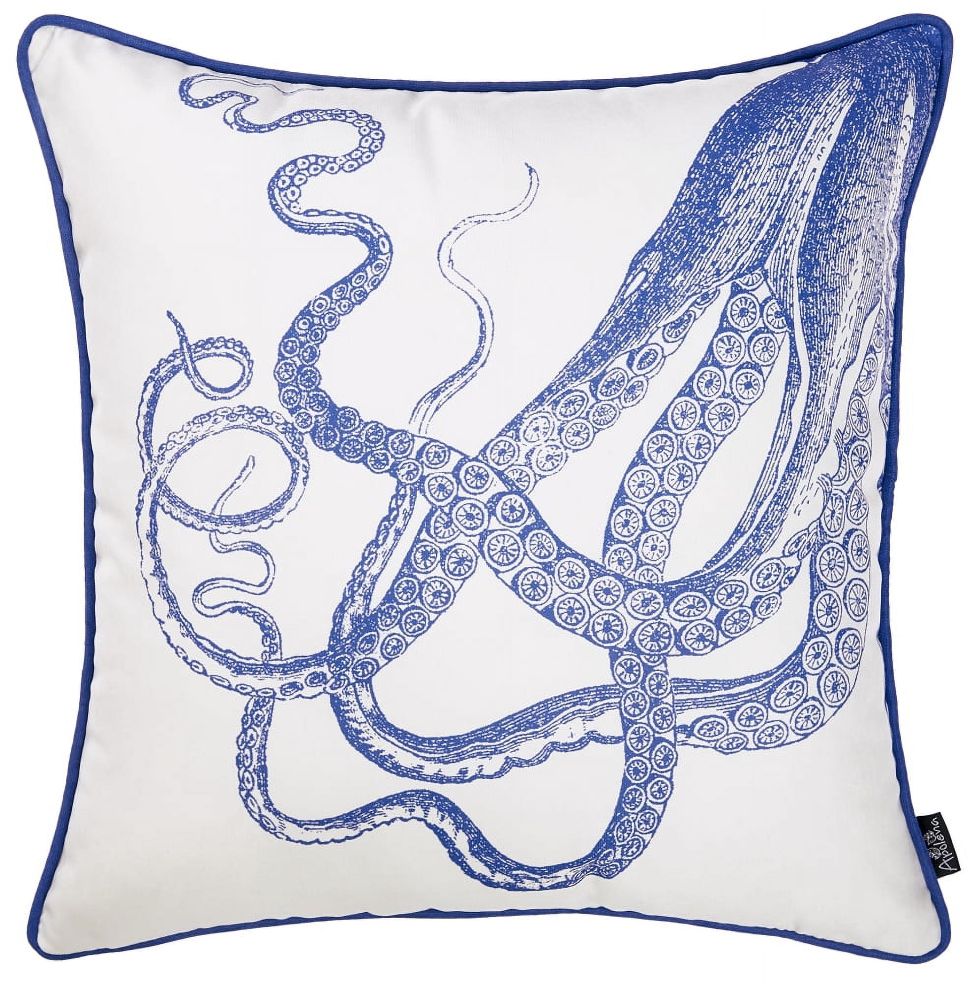 Coastal Charm White and Blue Octopus 18" Square Pillow Cover