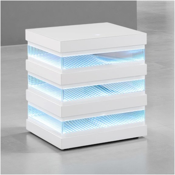 Square White End Table with Integrated LED Lights, Built-In Speakers, and Wireless Charging Port for Living Room Use