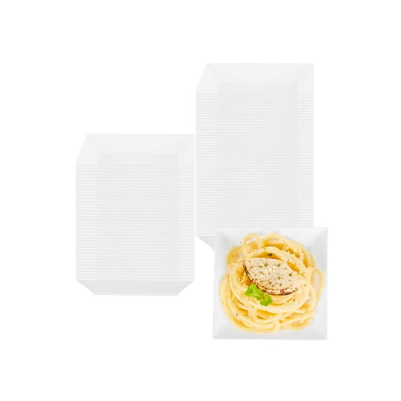 Restaurantware-3.9 x 3.9 Inch Party Plates, 100 Disposable Appetizer Plates - Elegant, Square, White Plastic Serving Plate, Durable, For Weddings Birthdays, And More