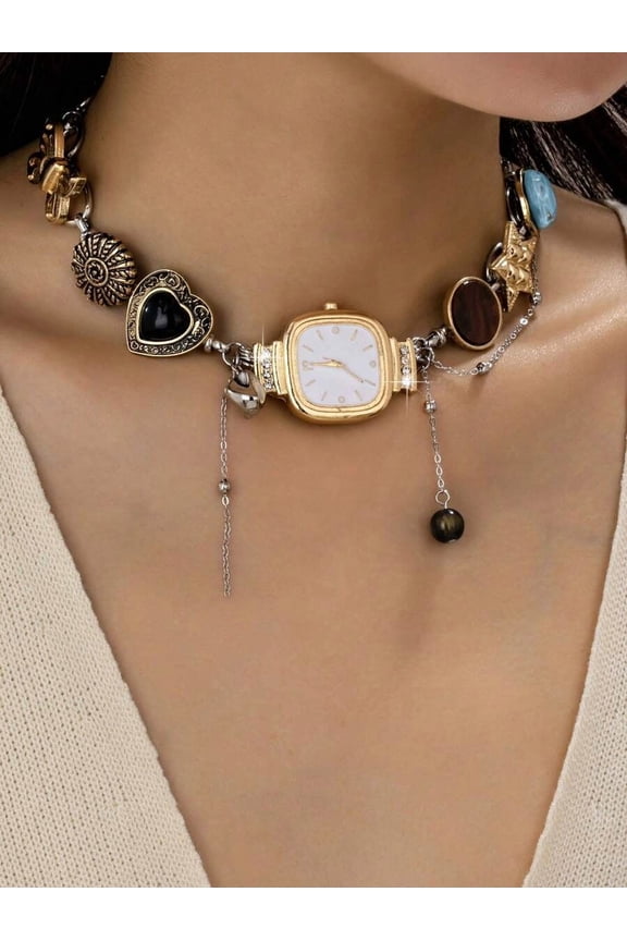 Square White Y2K Choker Necklace With Square Watch, Heart, Star & Gem Charms For Women