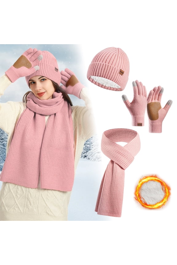 Square Winter Pink Hat Scarf Gloves Set for Women, Fleece Lined Knit Neck Warmer Touchscreen Gloves 3 in 1 Gift Set