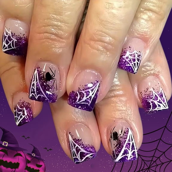 Square With Gold Spiderweb Detachable Artificial Nails For Halloween Cosplay Cobweb Design
