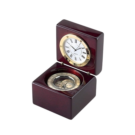 Creative Gifts International 2.75 in. Square Wood Box with Clock & Compass