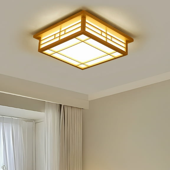 Square Wood Ceiling Light Fixture LED Wood Ceiling Lamp Fixture Chinese Japanese Grid Light W/Remote for Bedroom, Living Room, Dining Room, and Kitchen (35x35cm)