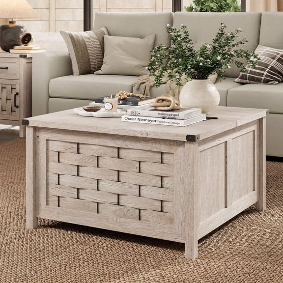 Square Farmhouse Coffee Table with Hidden Storage Compartment Light Gray