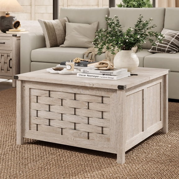 Square Farmhouse Coffee Table with Hidden Storage Compartment Light Gray