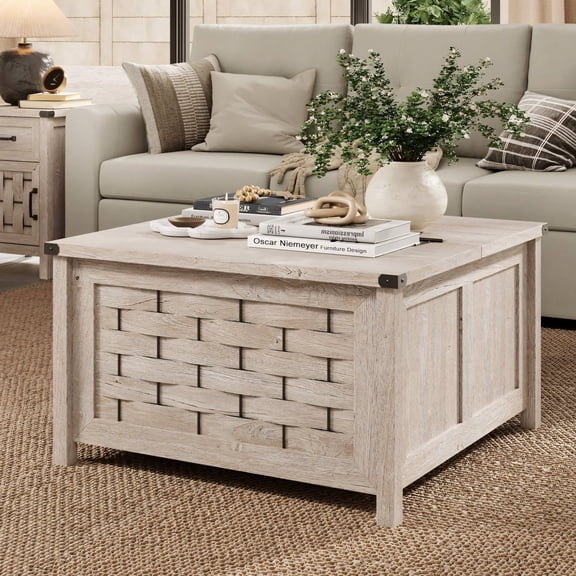 Square Farmhouse Coffee Table with Hidden Storage Compartment Light Gray