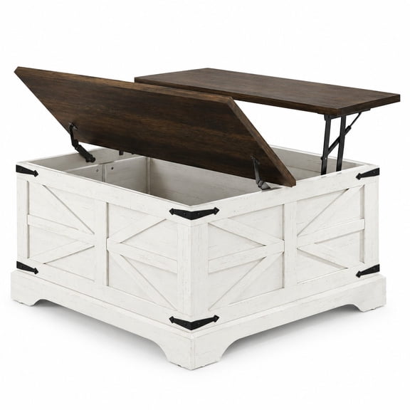 Square Wood Lift Top Coffee Table with Large Hidden Storage Compartment, Rustic White Modern Center Table for Living Room, Brown Hinged Top