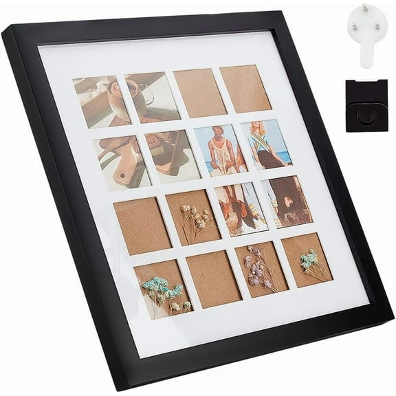 Square Wood Photo Frame Stand Black Picture Frame Display for Hold 16 Photos Multi Photo Frame Display with Clear Window for Tabletop Stand and Wall Mounting 13.2x13.2x0.8 Inch for DIY
