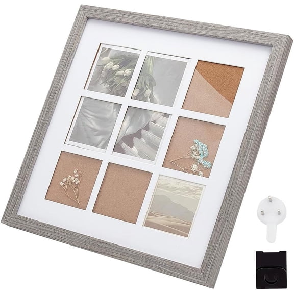 Square Wood Photo Frame Stand Grey Picture Frame Display for DIY Hold 9 Photos Large Photo Frame Display with Clear Window for DIY Tabletop Stand and Wall Hanging 13x13x0.8 Inch