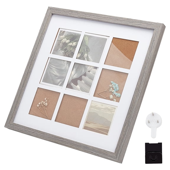 Square Wood Photo Frame Stand Grey Picture Frame Display for Hold 9 Photos Large Photo Frame Display with Clear Window 13x13x0.8 Inch