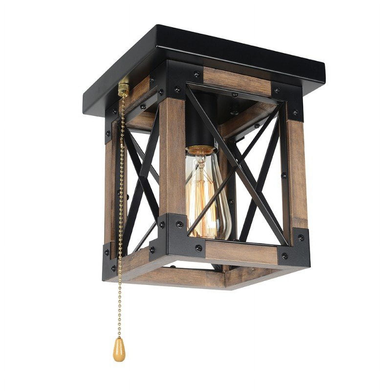 Square Wood Rustic Pull String Ceiling Light Fixture, 1Light Black