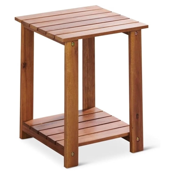 Square Wood Side Table, 2-Tier Indoor/Outdoor Wooden Accent Tables, Deck, Balcony, Porch, & Patio Furniture, 15-Inches Long x 15-Inches Deep x 17-Inches High, Teak