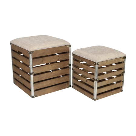 Square Wood Slat Storage Bench With Metal Accents And Cushioned Lid - Set Of 2