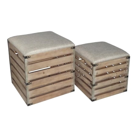 Square Wood Slat Storage Bench with Metal Accent & Cushioned Lid - Set of 2