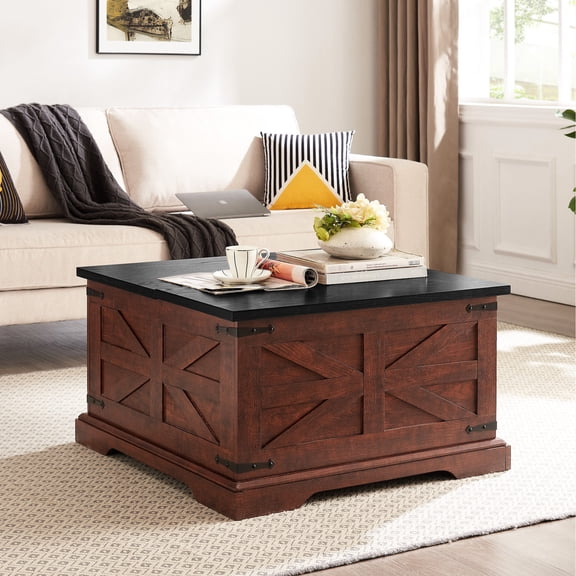 Square Wood Table for Farmhouse | Hidden Storage for Keeping Essentials Dust - free | MDF with Barn Design | Match Living Room Sofa