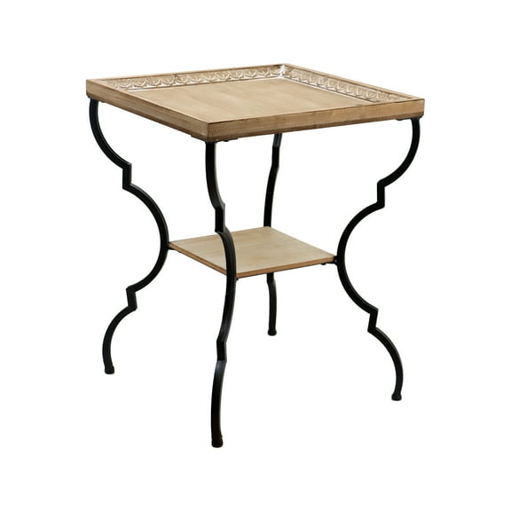 Square Wood Tray End Table with Curving Metal Legs, 2 Tier Farmhouse Wood and Metal Side Table, Rustic Accent Table for Living Room Small Spaces, Easy Assembly, 8.9 x 18.9 x 24.4 Inches