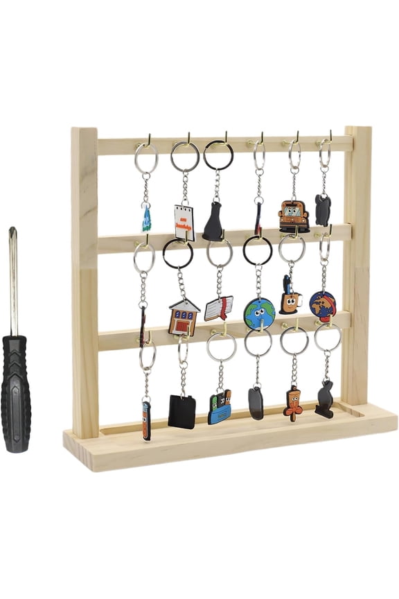 Square Wooden Keychain Display Stand with 18 Hooks for Vendors and Home Use, Natural Wood Finish, 11.6 x 3.4 x 11.4 Inches