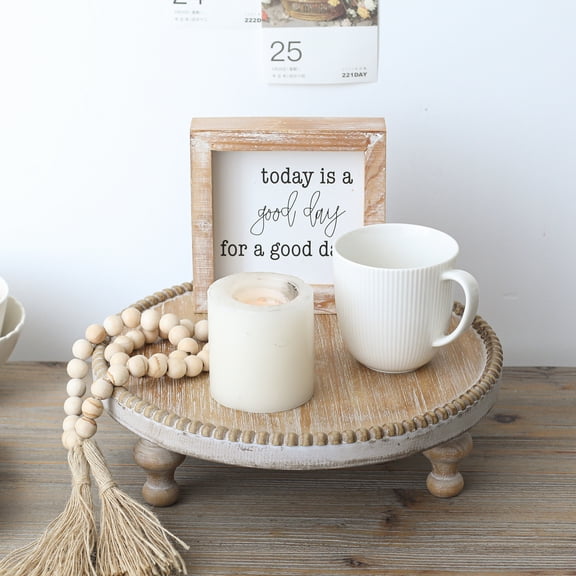Round Wood Display Riser Pedestal Stand with Beaded Edge, 11.8" Farmhouse Decorative Tray for Centerpieces, Plants, and Candles, Distressed Finish