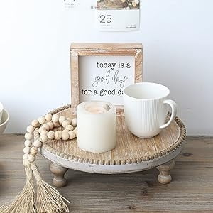 Round Wood Display Riser Pedestal Stand with Beaded Edge, 11.8" Farmhouse Decorative Tray for Centerpieces, Plants, and Candles, Distressed Finish