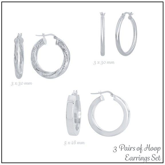 Square and Round 28-30mm Hoop Earrings | Sterling Silver Set of 3 Earrings | Jewelry for Women and Teens Made in Italy