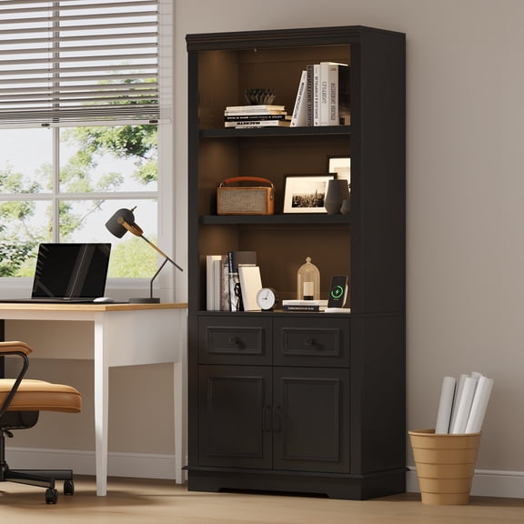 71" Tall Bookcase with Storage, 3-Color LED Lights & Motion Sensor, 2 Drawers, Doors & Adjustable Shelf, Freestanding Storage Cabinet for Living Room, Home Office, Bedroom & Entryway, Black