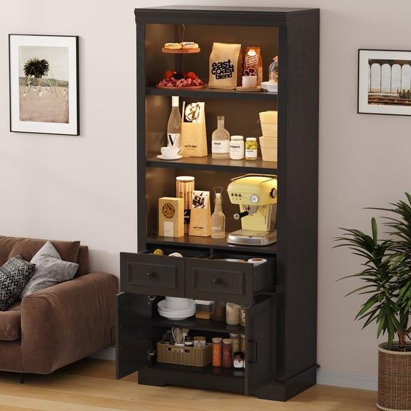 Negylim 71” Tall Lighted Coffee Bar Cabinet, Farmhouse Pantry Storage Hutch with Built-in LED Strip Lights, 3 Open Display Shelves, 2 Pull-Out Drawers & Closed Storage Cupboard, Black