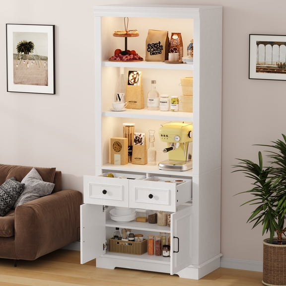 Negylim 71” Tall Lighted Coffee Bar Cabinet, Farmhouse White Pantry Storage Hutch with Built-in LED Strip Lights, 3 Open Display Shelves, 2 Pull-Out Drawers & Closed Storage Cupboard