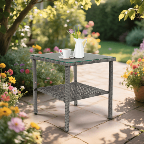 Square double-layer glass table, gray gradient rattan side table, stylish and beautiful coffee table , suitable for courtyard and indoor