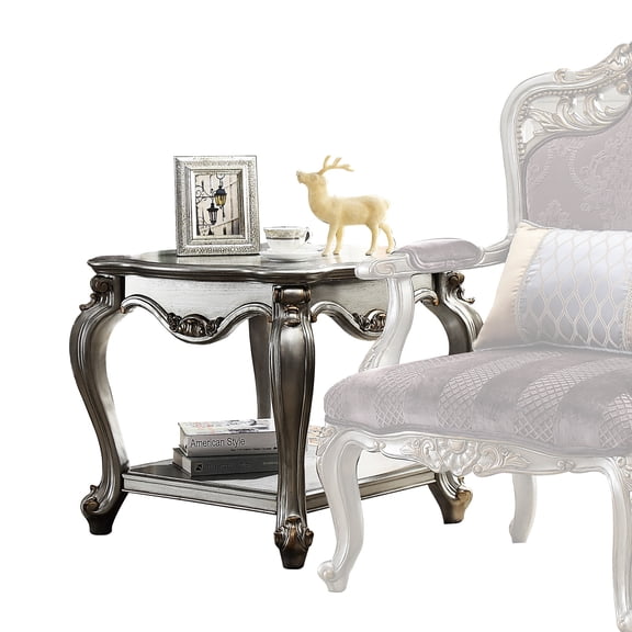 Square end table featuring antique platinum finish, Queen Anne legs and storage in living space