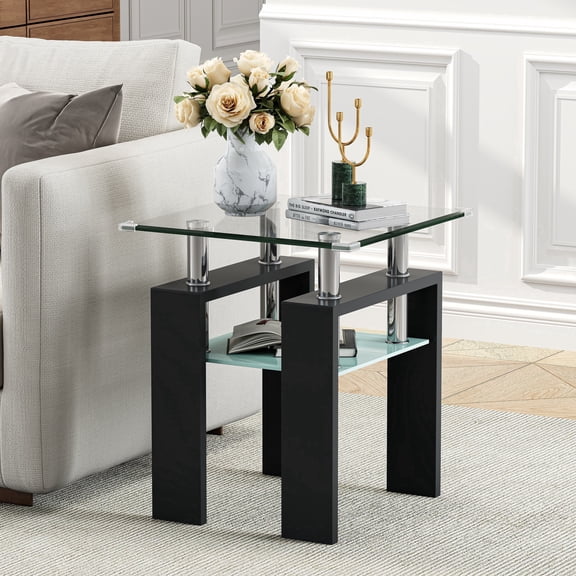 Square Glass End Table, 23.6" 2-Tier Morden Side Table with Storage Shelf for Living Room, Bedroom