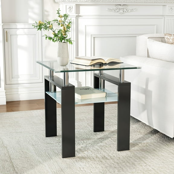 Square Glass End Table, 23.6" 2-Tier Morden Side Table with Storage Shelf for Living Room, Bedroom