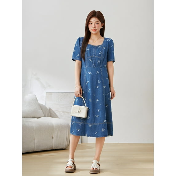 Square neck waist denim jacquard dress