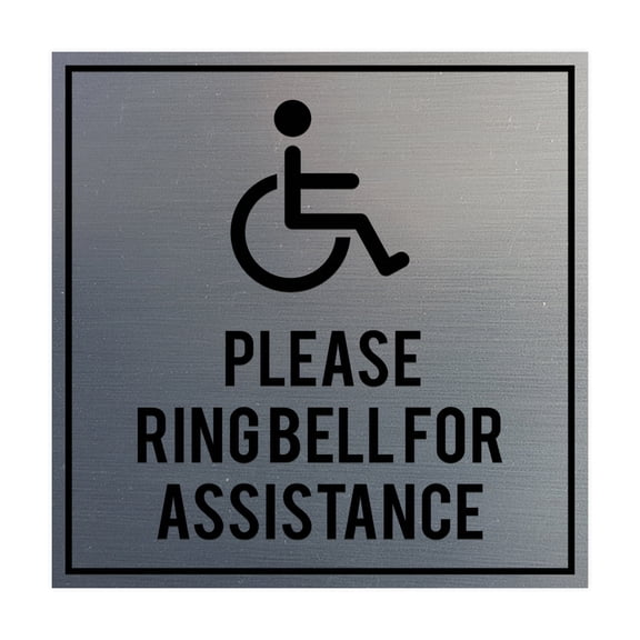 Square please ring bell for assistance Sign (Brushed Silver) Small
