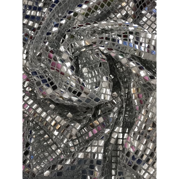 Square sequins glue on metallic mesh, 45" wide, sells by the yard, Silver