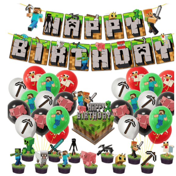 Square style party balloon 1 set of pull flag 1 set of cake insert (1 big 12 small) 24 balls (6 green 6 red 6 black 6 silver) suitable for birthday parties, home decoration