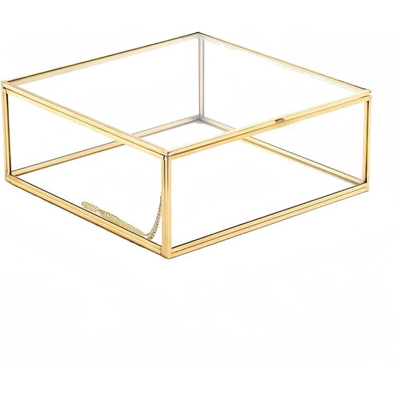 Gold Glass Photo Cards Box Jewelry Trinket Holder Organizer Keepsake Crystal Display Box Collection Decorative Case for Wedding Birthday Home Dresser Tabletop（5.9 x5.9 x2.1in）