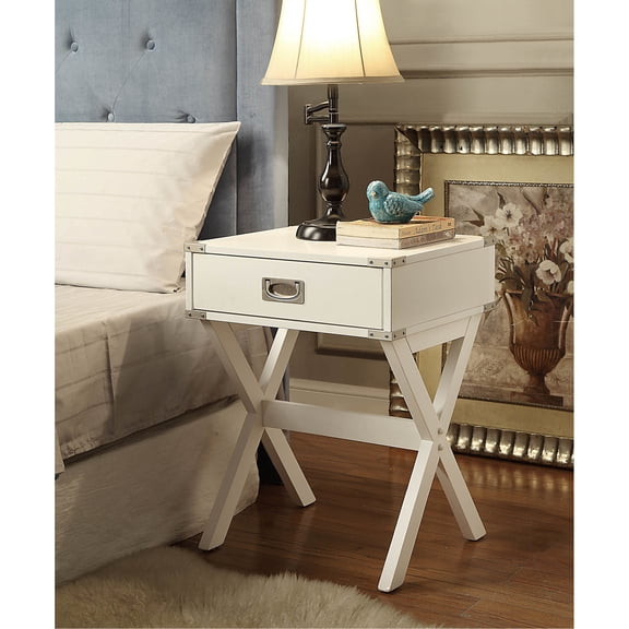 Square white accent table with metal corners and 40lbs top weight limit for displaying decor in foyers