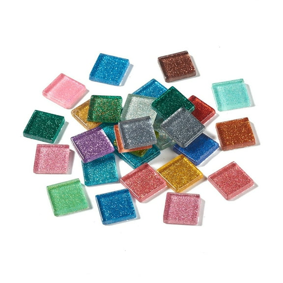 Square with Glitter Powder Mosaic Tiles Glass Cabochons for Home Decoration or DIY Crafts Mixed color 20x20x4mm about 252pcs/1000g