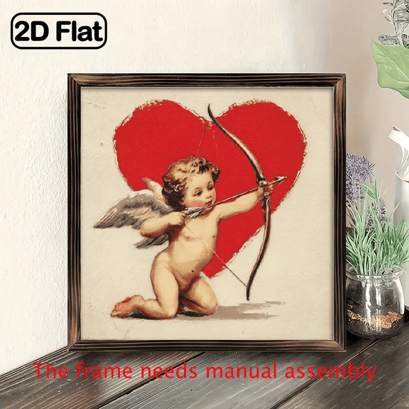 Square woodcut painting with wooden 8x8in, suitable for decorating rooms, creating a romantic and warm atmosphere.Valentine's Day gift.Cupid holding a bow and arrow.
