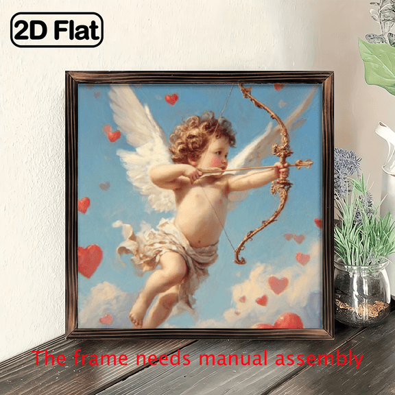 Square woodcut painting with wooden 8x8in, suitable for decorating rooms, creating a romantic and warm atmosphere.Valentine's Day gift.Cupid holding a bow and arrow.