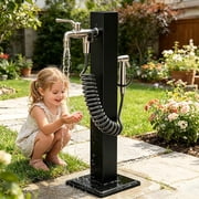 Square yard hose stand, brass dual spigot with sprayer, 304 stainless outdoor water pillar, backyard watering station, anti-rust garden tap, lawn car wash faucet
