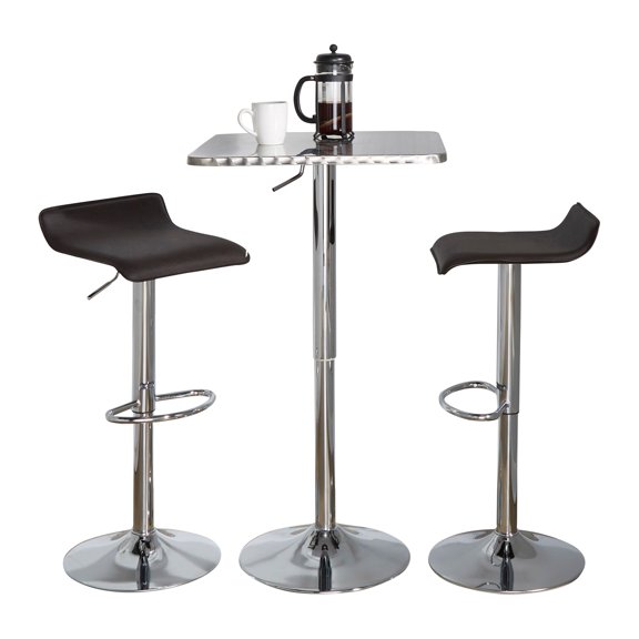 SquareContemporary Adjustable Bar Set in Silver and Chrome Metal with Brown PVC and Oval Footrest - 3 Piece