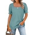thumbnail image 1 of Squared Neck Shirred Top Puff Short Sleeve Pure Color Polyester Fiber Women's Blouse Top for Dating Pea Green XXL, 1 of 5
