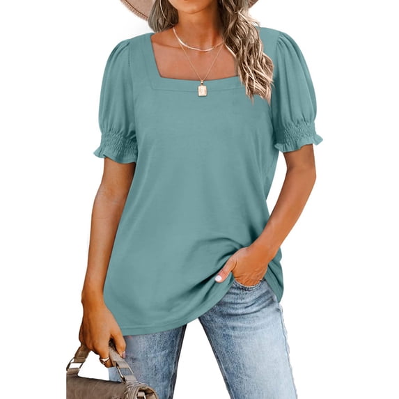 Squared Neck Shirred Top Puff Short Sleeve Pure Color Polyester Fiber Women's Blouse Top for Dating Pea Green XXL