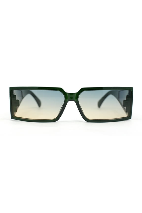 Squared Rectangle Thick Temple Side Arm Visor Lens 80s Vibe Plastic Sunglasses Green - Green Brown