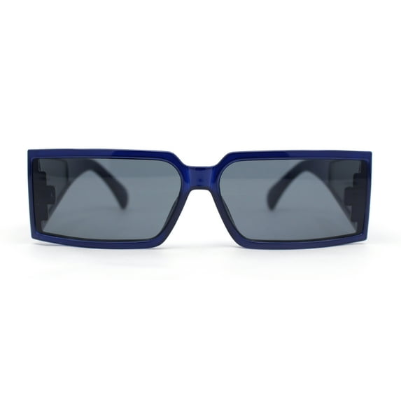 Squared Rectangle Thick Temple Side Arm Visor Lens 80s Vibe Plastic Sunglasses Navy - Black