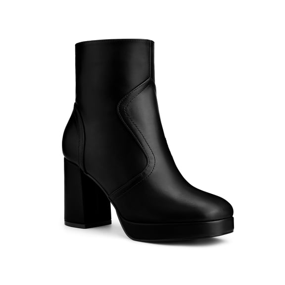 BLISSFUL STEP Women's Ankle Boots Faux Leather Platform Block Heel Squared Toe Zipper Closure Boots Black 8.5