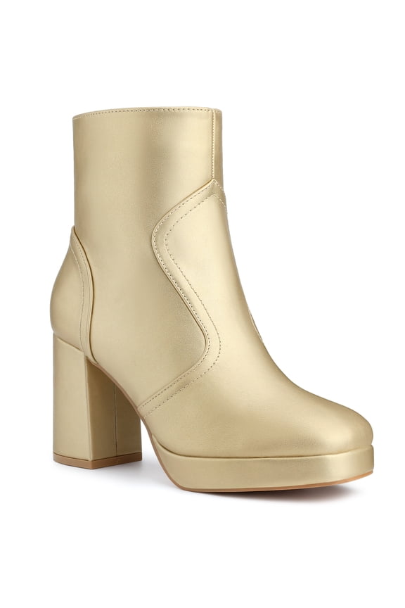 Women's Ankle Boots Faux Leather Platform Block Heel Squared Toe Zipper Closure Boots Gold 10
