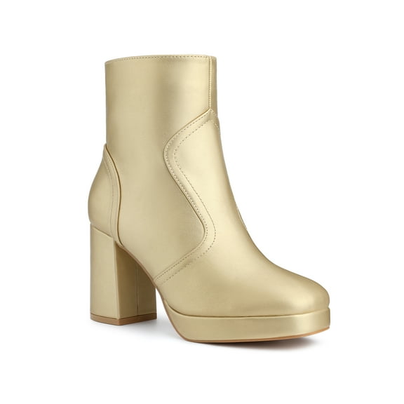 BLISSFUL STEP Women's Ankle Boots Faux Leather Platform Block Heel Squared Toe Zipper Closure Boots Gold 6